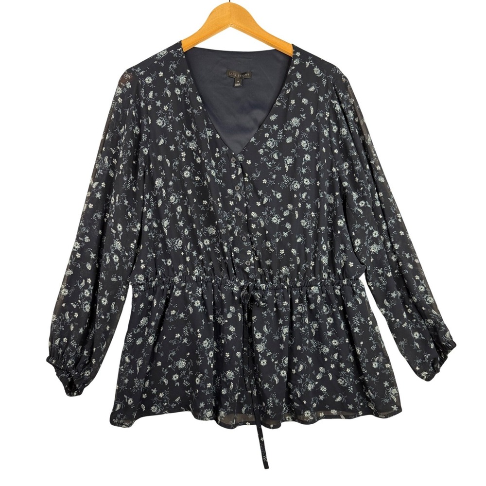 Lane Bryant Women's Floral Print Tie Front Long Sleeve Blouse size 18 Blue
